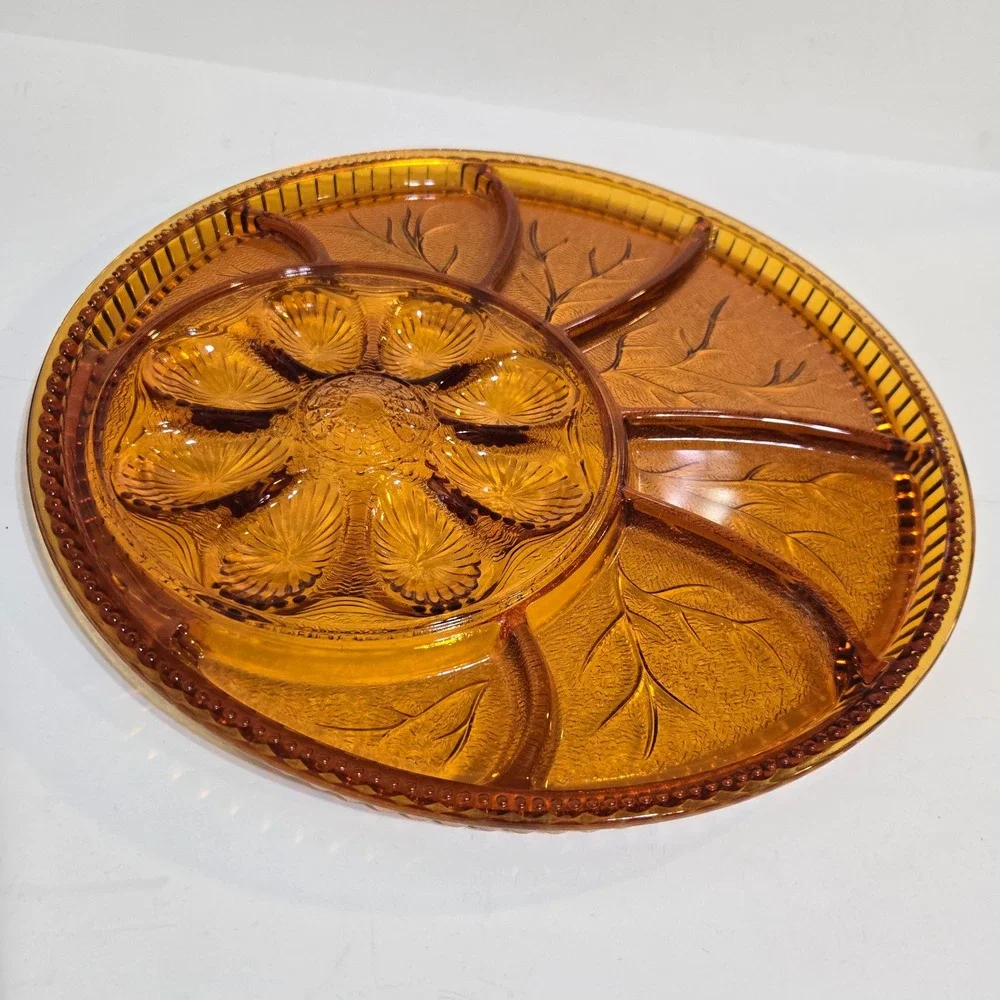 Vintage Indiana Glass Amber Deviled Egg & Relish Tray Divided 13